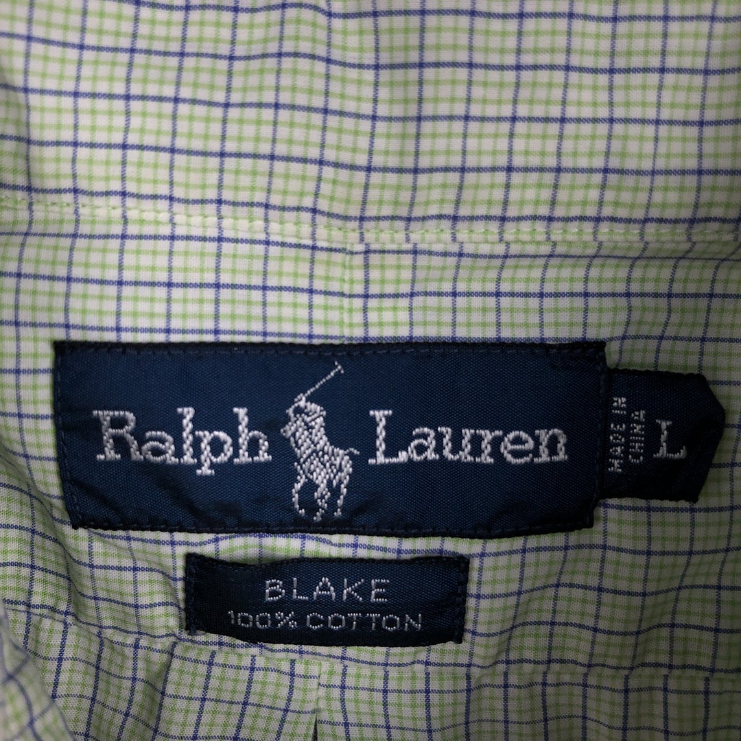 Ralph Lauren BLAKE short sleeve button down check shirt, men's size L cotton Khaki type sage green Vintage Second Hand