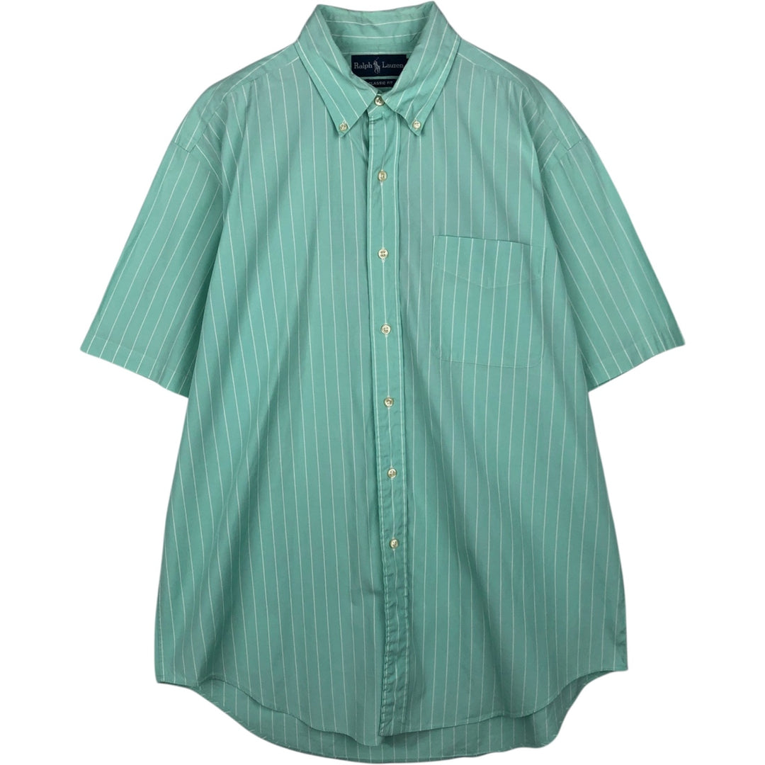 Ralph Lauren Classic Fit short sleeve button down striped shirt, men's size L cotton green type Vintage Second Hand