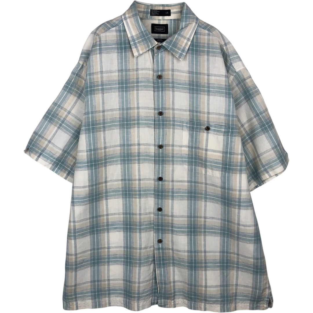 Haggar. Check Pattern Short-Sleeve Linen Shirt, Boxy Shirt, Men's Size L (approx.) linen Blue type light blue Vintage Second Hand