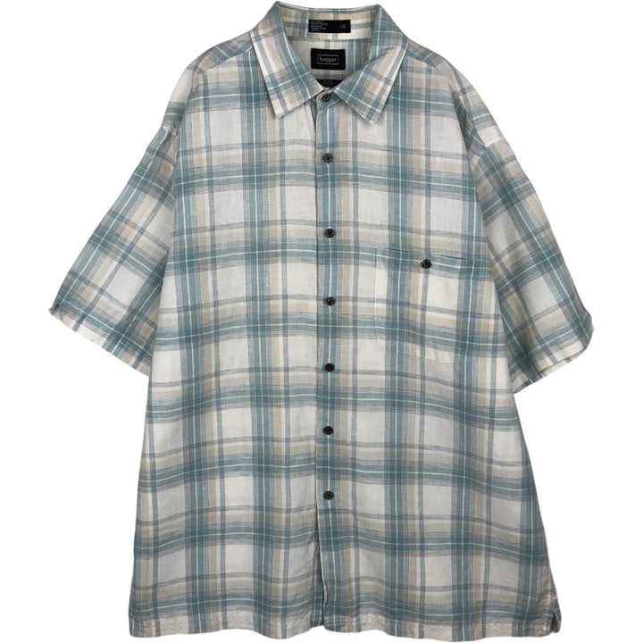 Haggar. Check Pattern Short-Sleeve Linen Shirt, Boxy Shirt, Men's Size L (approx.) linen Blue type light blue Vintage Second Hand