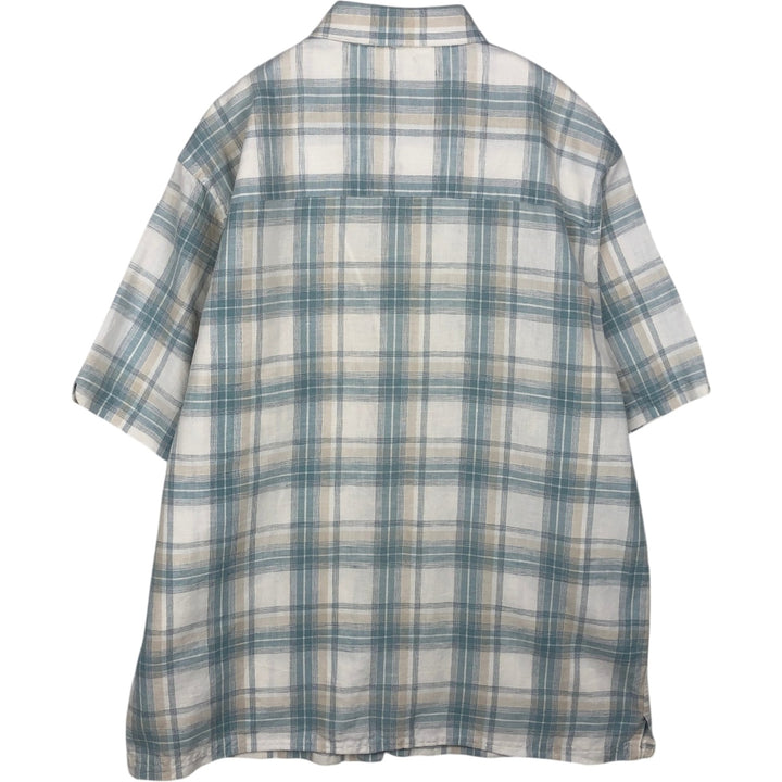 Haggar. Check Pattern Short-Sleeve Linen Shirt, Boxy Shirt, Men's Size L (approx.) linen Blue type light blue Vintage Second Hand
