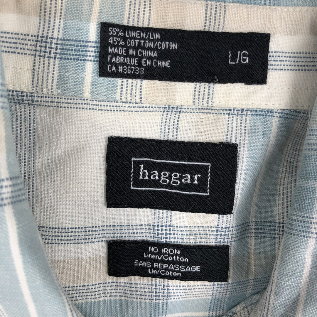 Haggar. Check Pattern Short-Sleeve Linen Shirt, Boxy Shirt, Men's Size L (approx.) linen Blue type light blue Vintage Second Hand