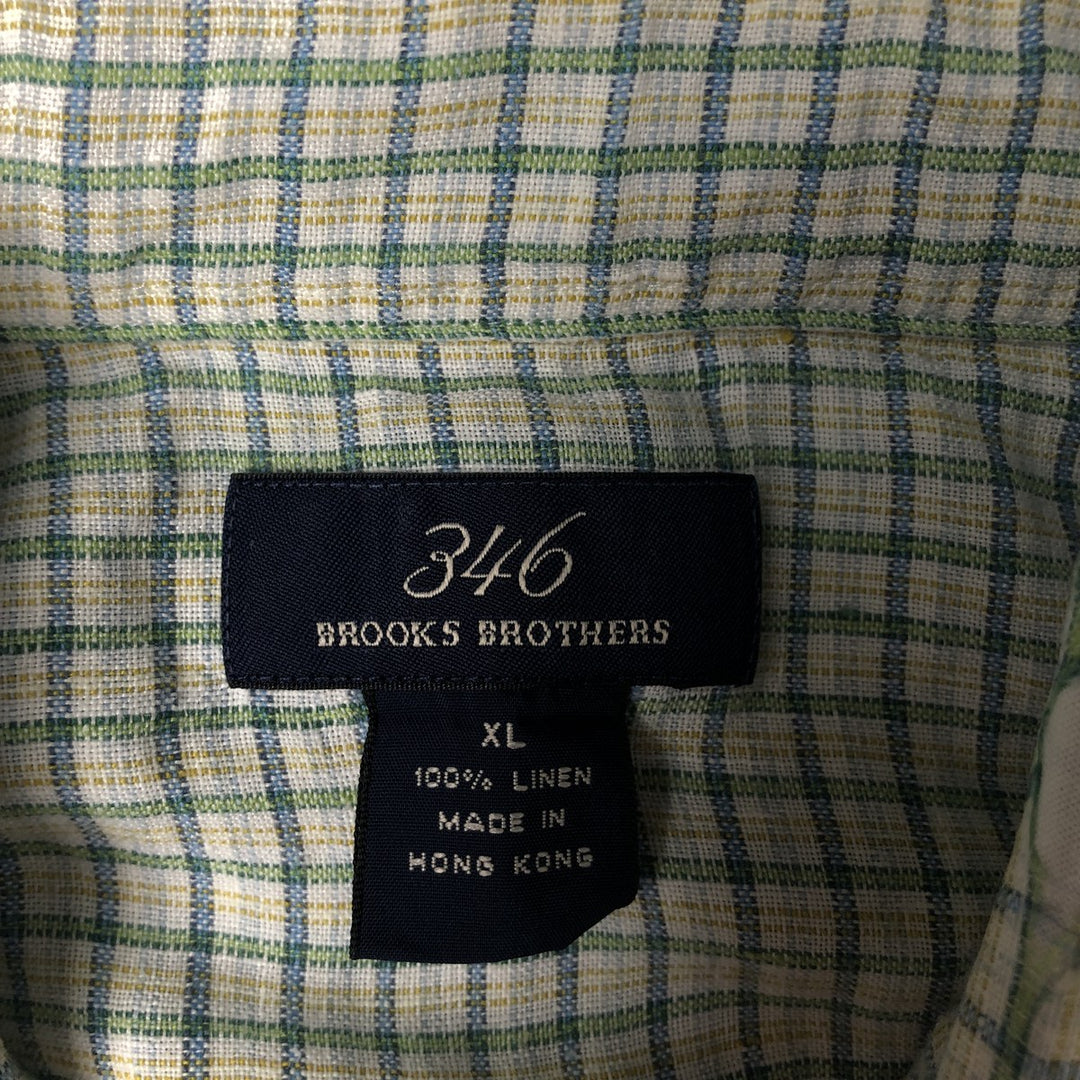 Brooks Brothers 346 Check Pattern Short Sleeve Linen Button Down Shirt Men's XL linen green type Vintage Second Hand