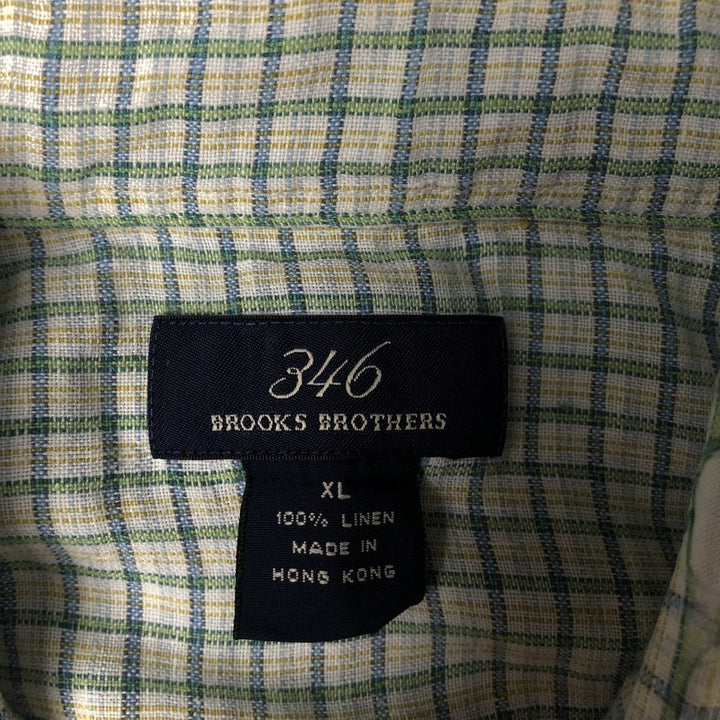 Brooks Brothers 346 Check Pattern Short Sleeve Linen Button Down Shirt Men's XL linen green type Vintage Second Hand