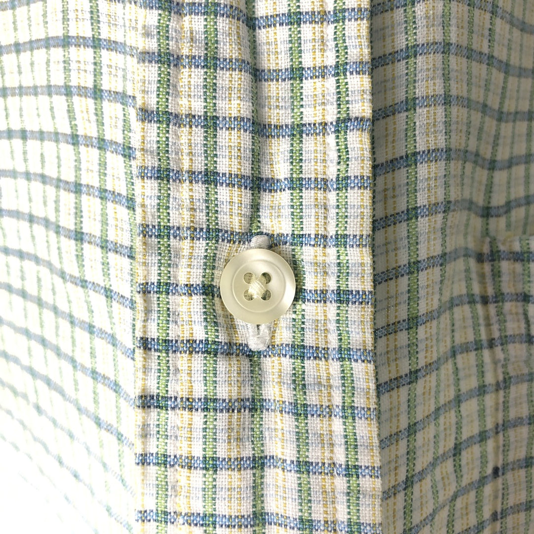 Brooks Brothers 346 Check Pattern Short Sleeve Linen Button Down Shirt Men's XL linen green type Vintage Second Hand