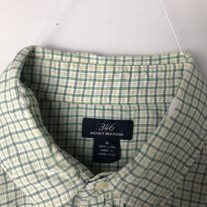 Brooks Brothers 346 Check Pattern Short Sleeve Linen Button Down Shirt Men's XL linen green type Vintage Second Hand