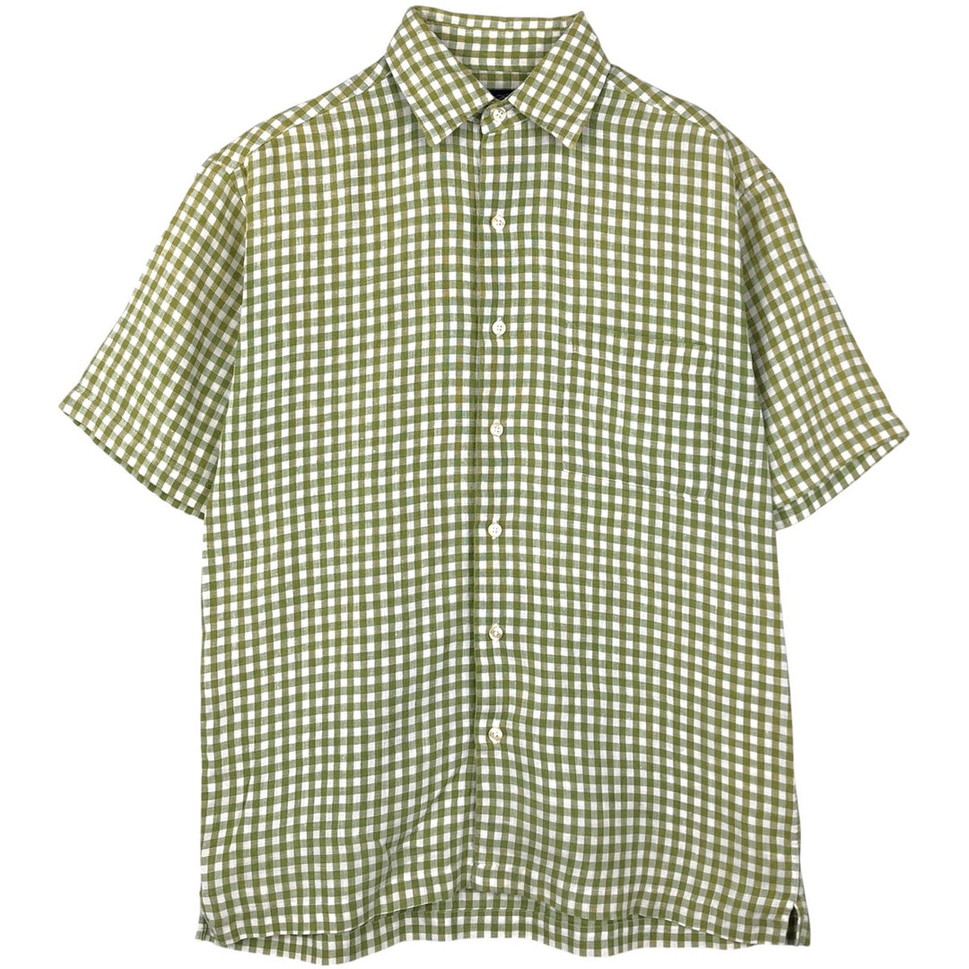 Brooks Brothers Check Pattern Gingham Check Short-Sleeve Linen Shirt (Men's Size S) linen green type Vintage Second Hand