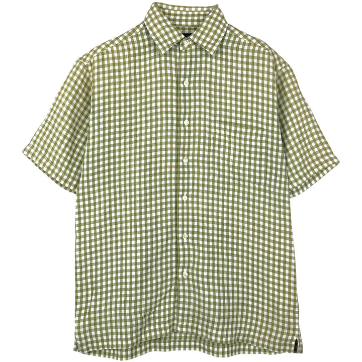 Brooks Brothers Check Pattern Gingham Check Short-Sleeve Linen Shirt (Men's Size S) linen green type Vintage Second Hand