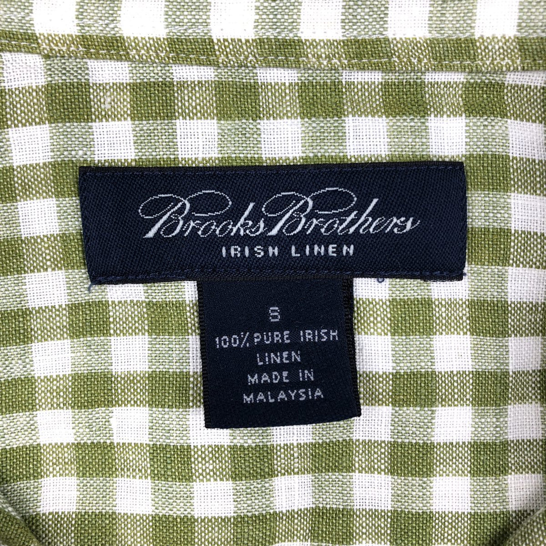 Brooks Brothers Check Pattern Gingham Check Short-Sleeve Linen Shirt (Men's Size S) linen green type Vintage Second Hand