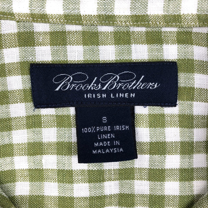 Brooks Brothers Check Pattern Gingham Check Short-Sleeve Linen Shirt (Men's Size S) linen green type Vintage Second Hand