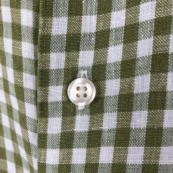 Brooks Brothers Check Pattern Gingham Check Short-Sleeve Linen Shirt (Men's Size S) linen green type Vintage Second Hand
