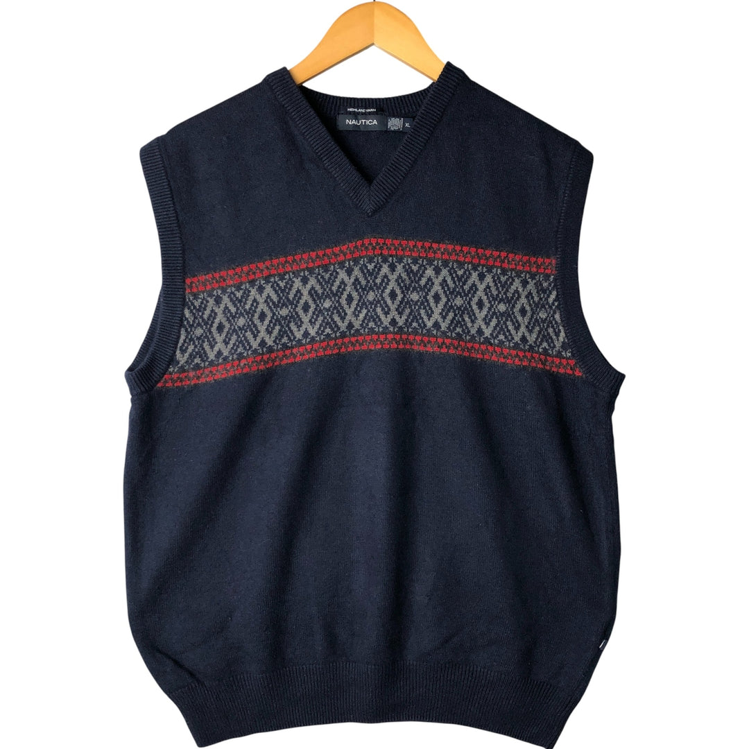 NAUTICA HIGHLAND YARN All-Over Print Cashmere Blend V-Neck Knit Vest, Men's Size XL Nylon navy blue type Vintage Second Hand