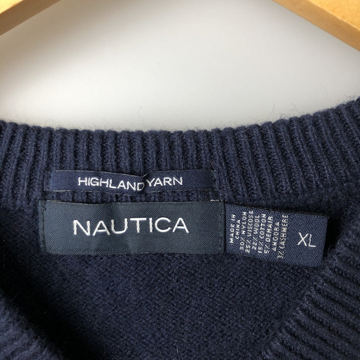 NAUTICA HIGHLAND YARN All-Over Print Cashmere Blend V-Neck Knit Vest, Men's Size XL Nylon navy blue type Vintage Second Hand