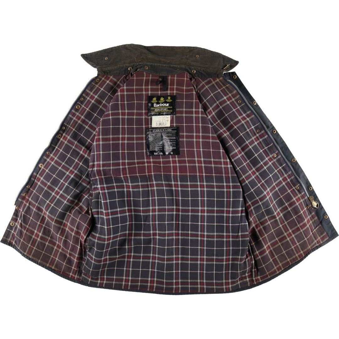1990'S Barbour Beaufort 3-Warrant Badged Oiled Hunting Jacket, Made in the UK, C42, Men's Size L cotton navy blue type Vintage Second Hand