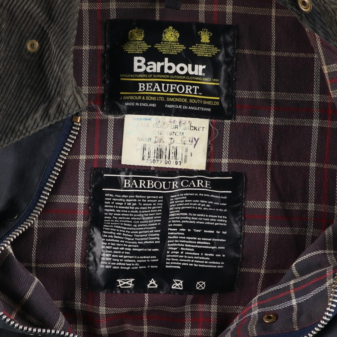 1990'S Barbour Beaufort 3-Warrant Badged Oiled Hunting Jacket, Made in the UK, C42, Men's Size L cotton navy blue type Vintage Second Hand