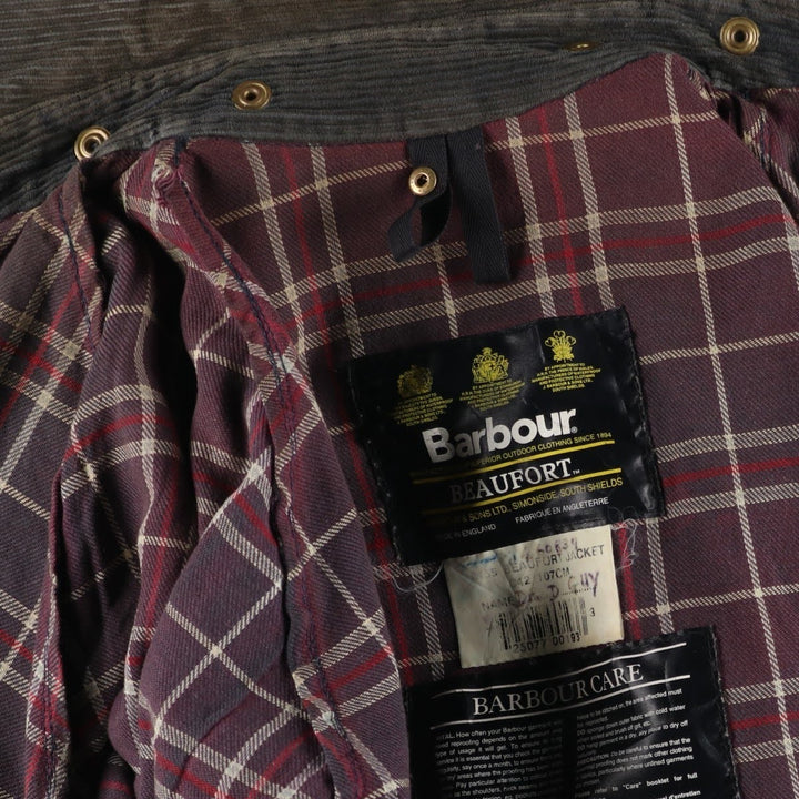 1990'S Barbour Beaufort 3-Warrant Badged Oiled Hunting Jacket, Made in the UK, C42, Men's Size L cotton navy blue type Vintage Second Hand
