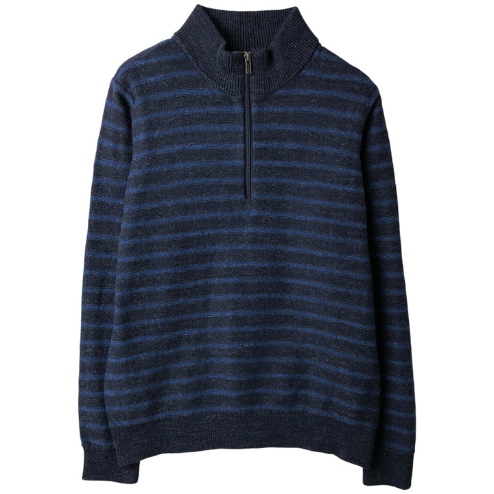 Vintage LL Bean 90s-00'S Striped Cotton Knit Half-Zip Sweater, Men's Size Medium cotton navy blue type Vintage Second Hand