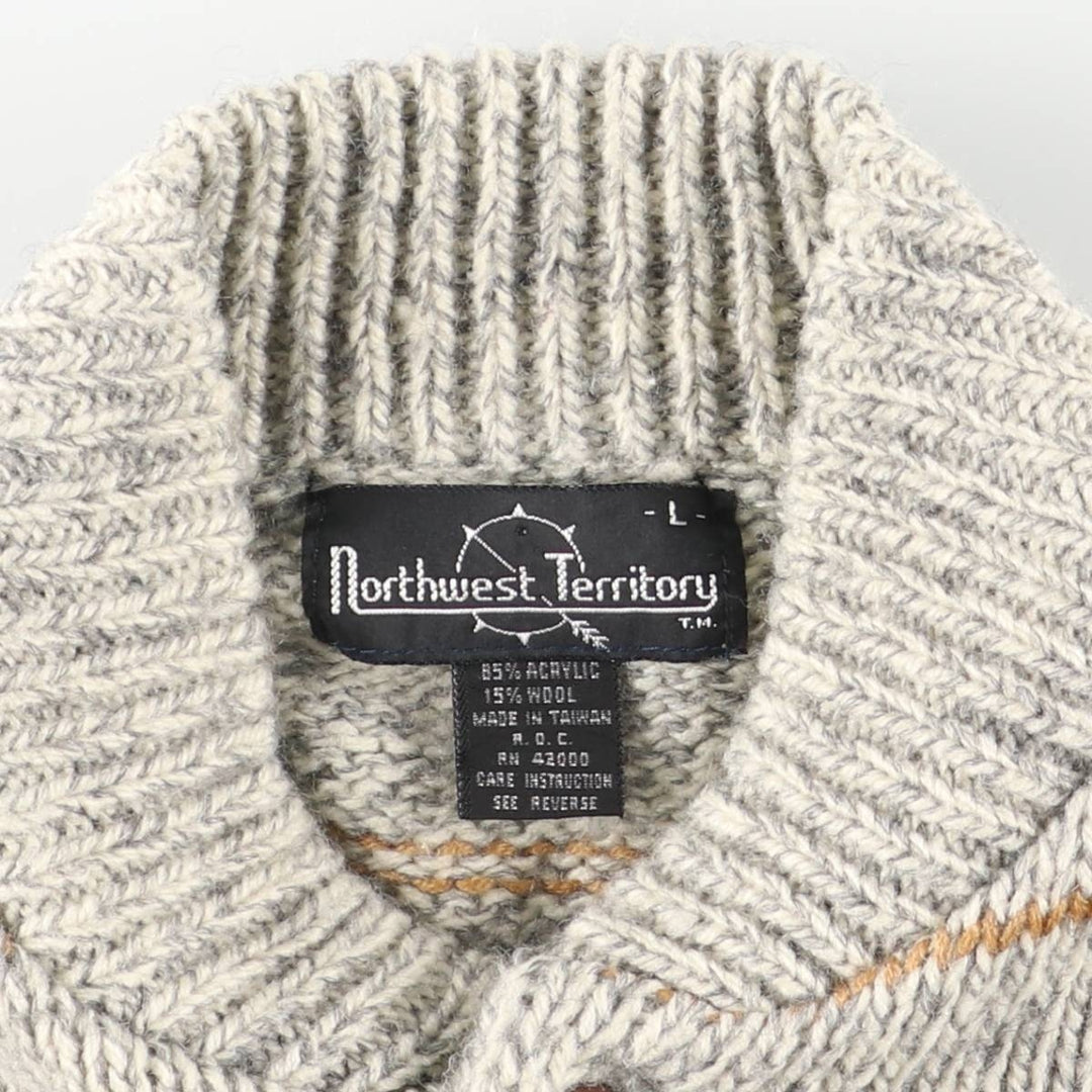 Northwest Territory Border Pattern Acrylic Knit Half-Button Sweater, Men's Size L acrylic gray type Vintage Second Hand