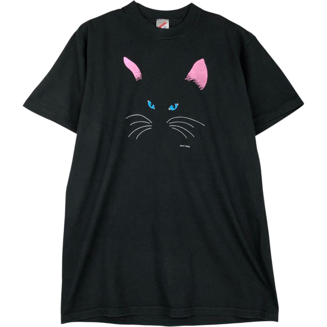 80'S Jerzees Cat Pattern Animal T-Shirt, Made in USA, Men's Size L (Equivalent), Vintage cotton black type Vintage Second Hand
