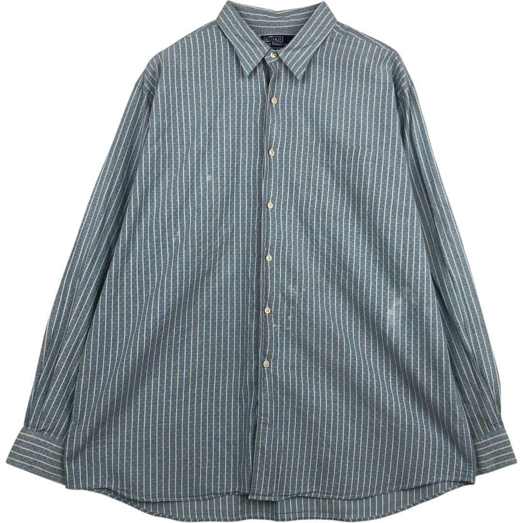 Ralph Lauren POLO by Ralph Lauren MERRIN Long-Sleeve Cotton Stripe Shirt, Men's Size XL (approx.) cotton Blue type light blue Vintage Second Hand