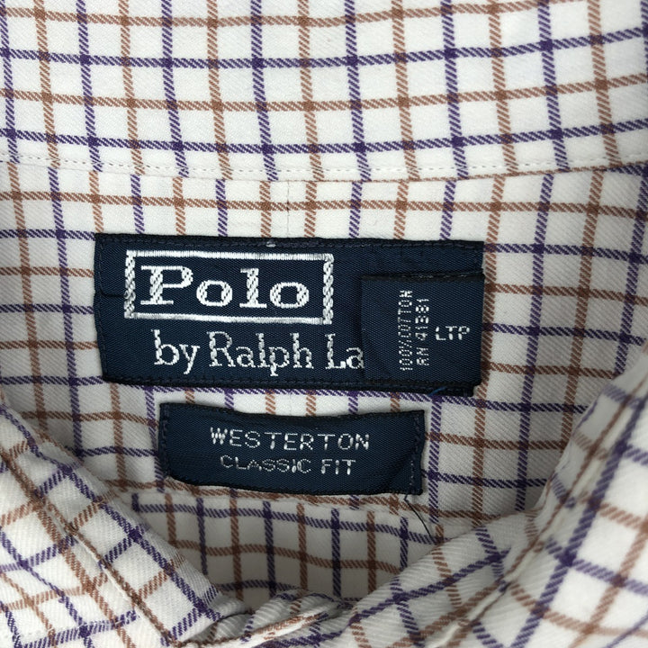 Ralph Lauren POLO by Ralph Lauren WESTERTON Check Pattern Long-Sleeve Cotton Check Shirt, Men's Size XL (approx.) cotton white type Vintage Second Hand