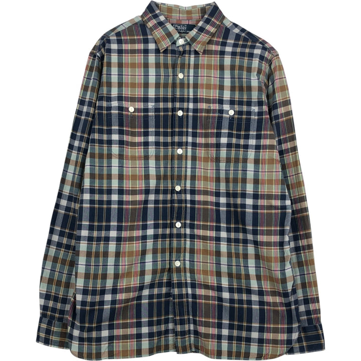 Ralph Lauren POLO by Ralph Lauren long sleeve cotton check shirt, men's size L cotton navy blue type Vintage Second Hand