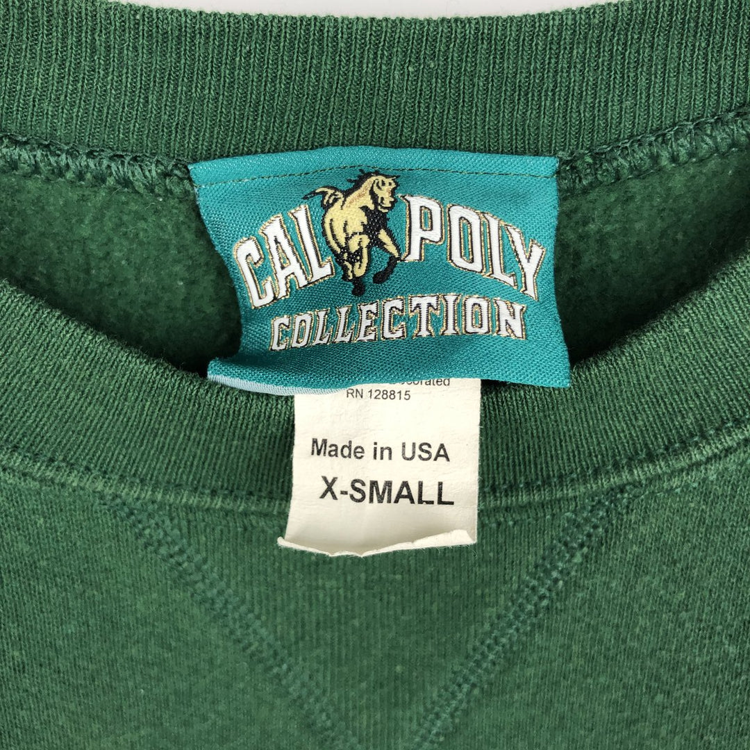 90'S CAL POLY COLLECTION College Sweatshirt, Made in USA, Women's Size XS (Equivalent), Vintage cotton green type Vintage Second Hand