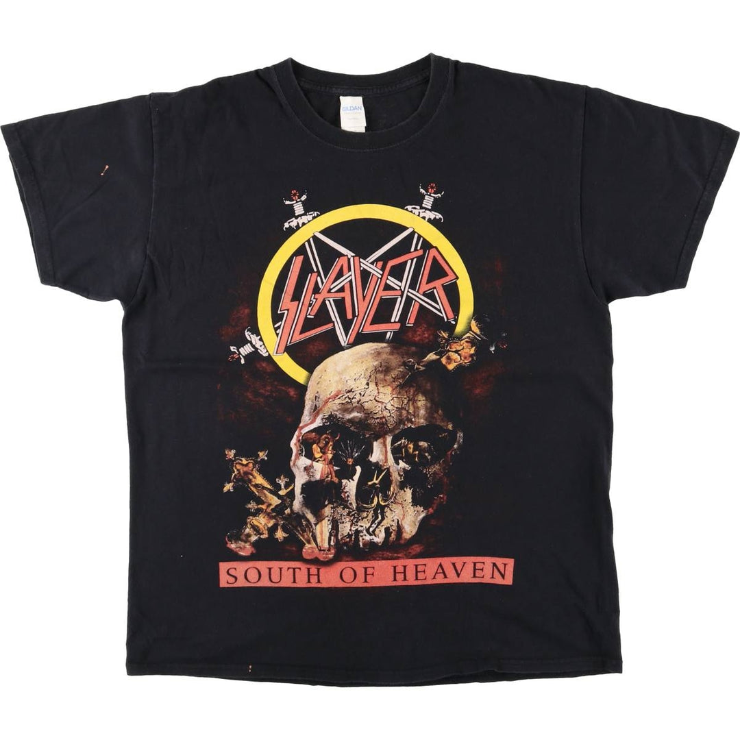 Gildan Slayer Skull Pattern Band T-Shirt (Men's Size L) cotton black type Vintage Second Hand