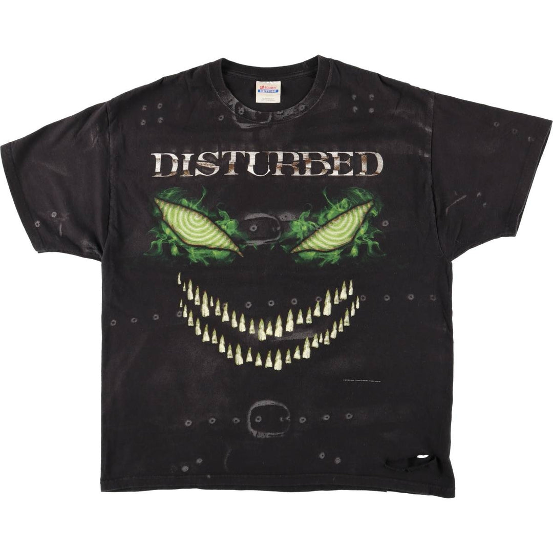 Hanes DISTURBED Heavyweight All-Over Print Band T-Shirt (Men's XL equivalent) cotton black type Vintage Second Hand