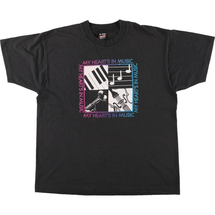 90'S MY HEART'S IN MUSIC Band T-Shirt, Made in USA, Men's XL equivalent, Vintage cotton black type Vintage Second Hand