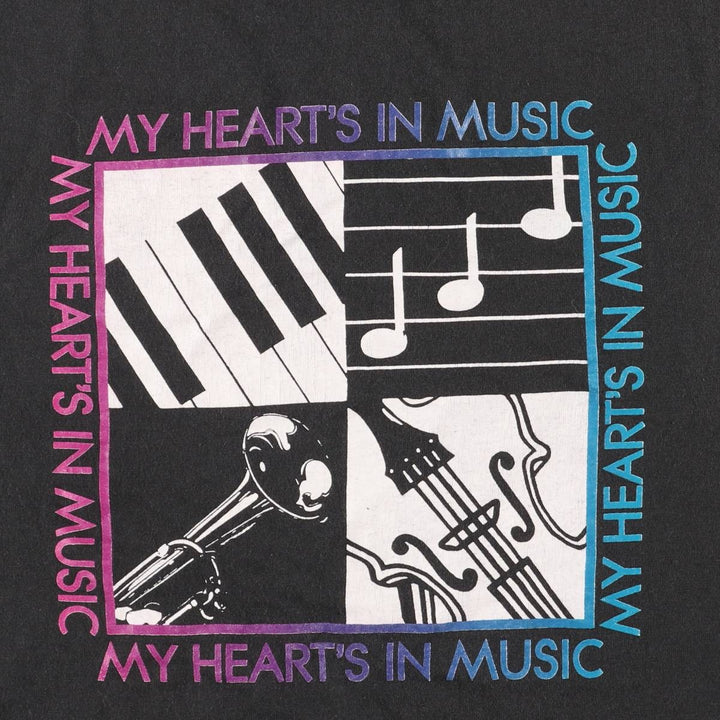 90'S MY HEART'S IN MUSIC Band T-Shirt, Made in USA, Men's XL equivalent, Vintage cotton black type Vintage Second Hand