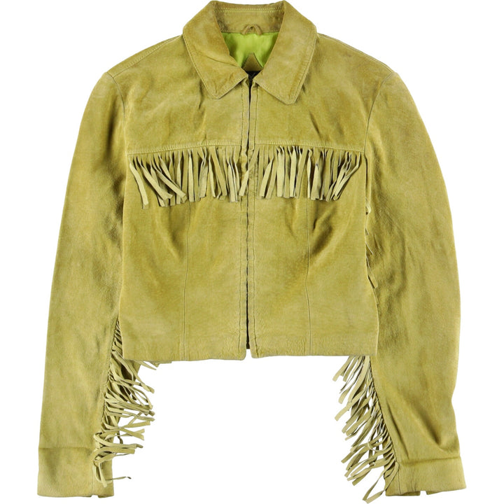 Maxima fringed suede leather jacket, size S for women Suede leather green type yellow green Vintage Second Hand
