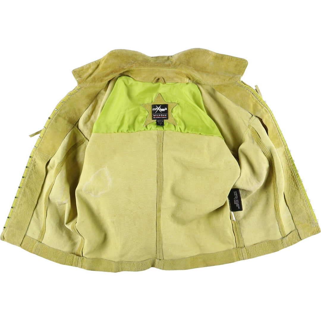 Maxima fringed suede leather jacket, size S for women Suede leather green type yellow green Vintage Second Hand