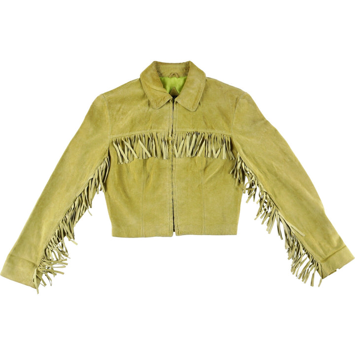 Maxima fringed suede leather jacket, size S for women Suede leather green type yellow green Vintage Second Hand