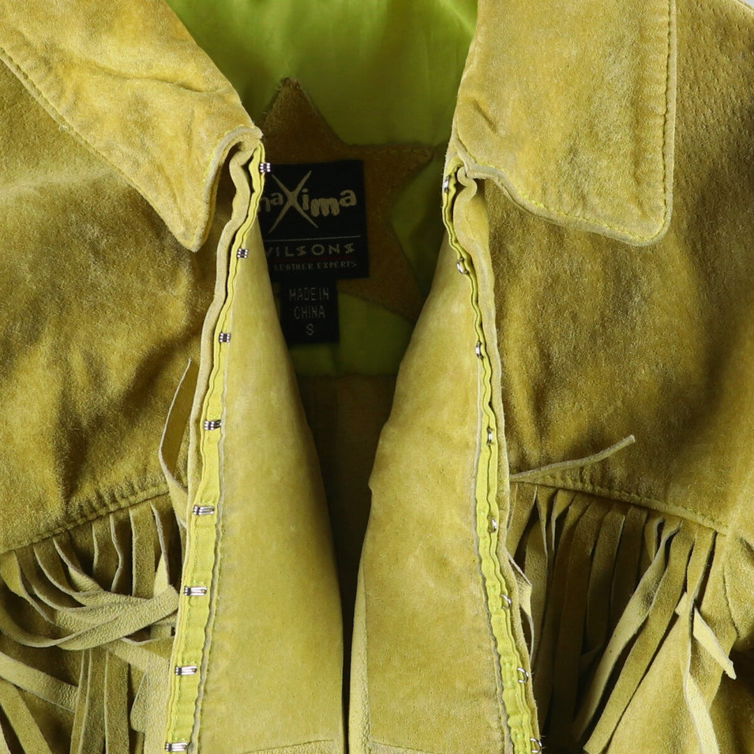 Maxima fringed suede leather jacket, size S for women Suede leather green type yellow green Vintage Second Hand