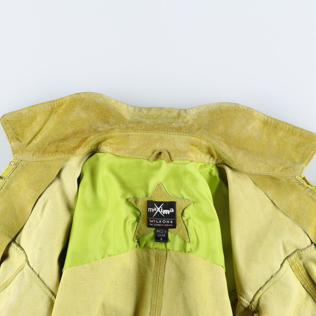 Maxima fringed suede leather jacket, size S for women Suede leather green type yellow green Vintage Second Hand