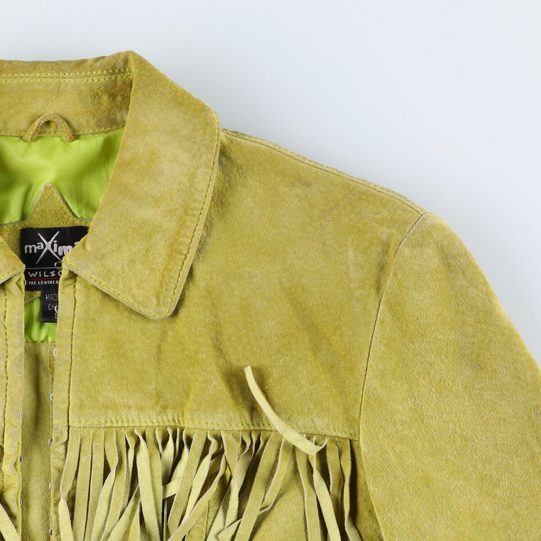 Maxima fringed suede leather jacket, size S for women Suede leather green type yellow green Vintage Second Hand
