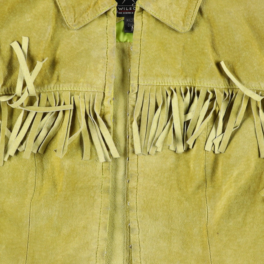 Maxima fringed suede leather jacket, size S for women Suede leather green type yellow green Vintage Second Hand
