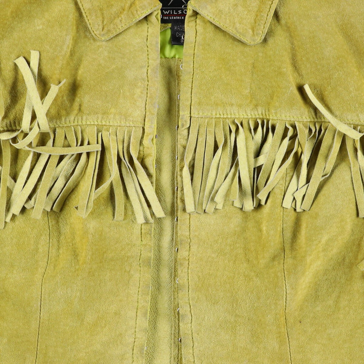 Maxima fringed suede leather jacket, size S for women Suede leather green type yellow green Vintage Second Hand