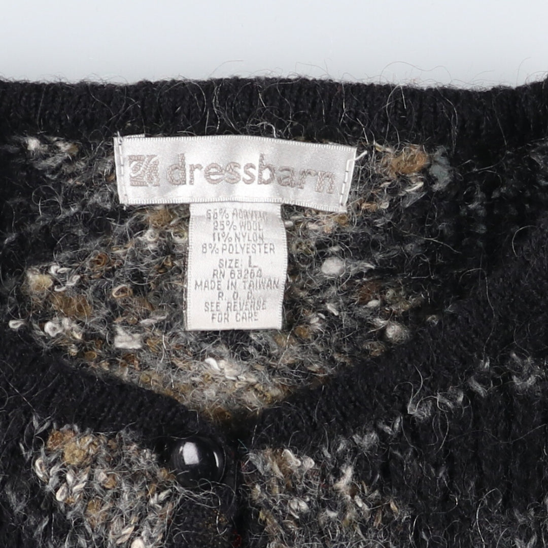 dressbarn all-over print acrylic knit cardigan, women's size L acrylic black type Vintage Second Hand