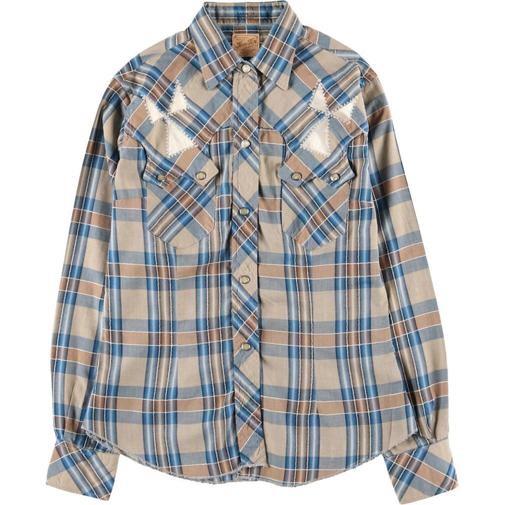 Vintage 50s-60'S TEM-TEX Check Pattern Long Sleeve Western Shirt Made in USA Women's S Size unclear Blue type light blue Vintage Second Hand