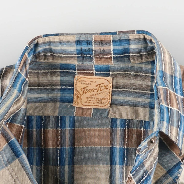 Vintage 50s-60'S TEM-TEX Check Pattern Long Sleeve Western Shirt Made in USA Women's S Size unclear Blue type light blue Vintage Second Hand