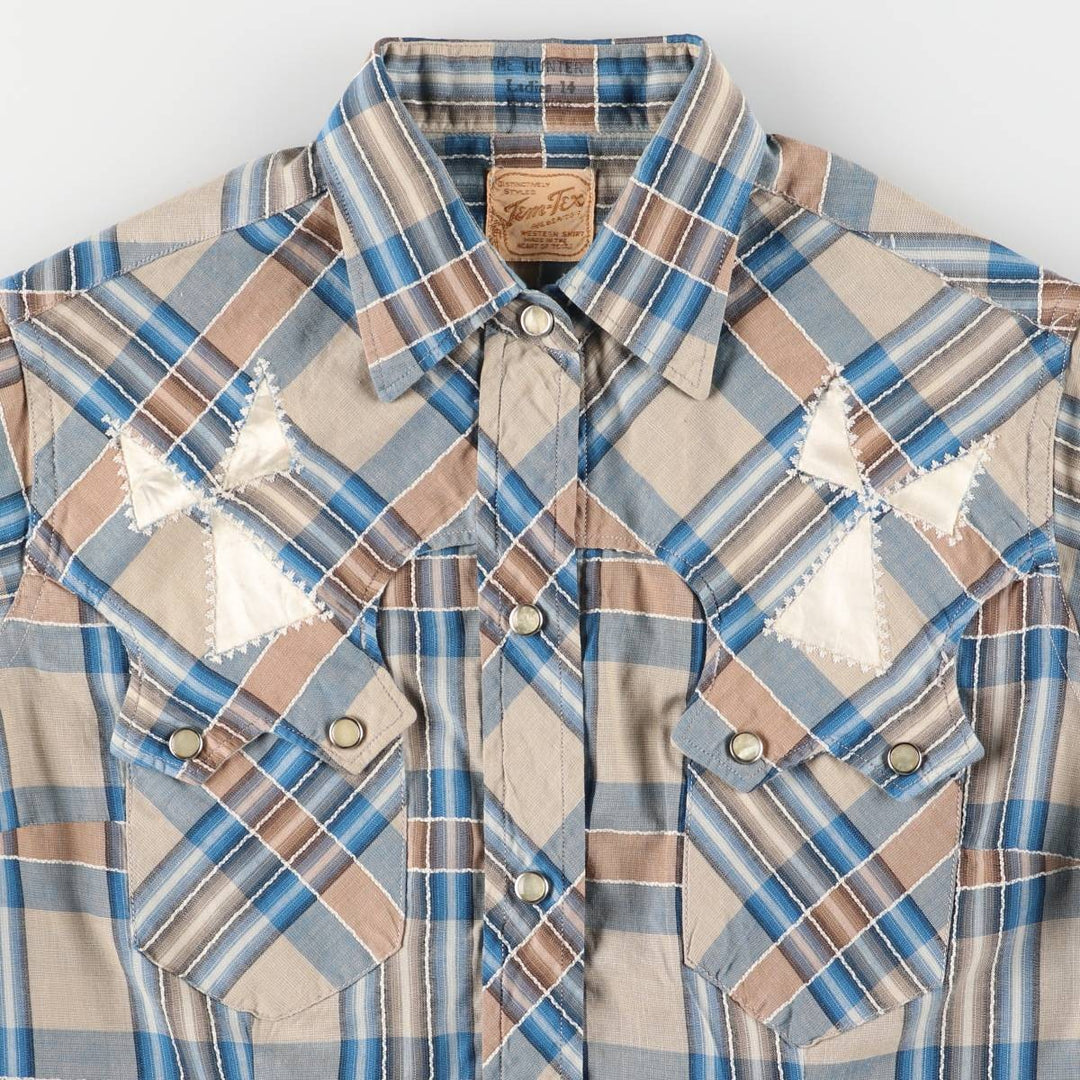 Vintage 50s-60'S TEM-TEX Check Pattern Long Sleeve Western Shirt Made in USA Women's S Size unclear Blue type light blue Vintage Second Hand