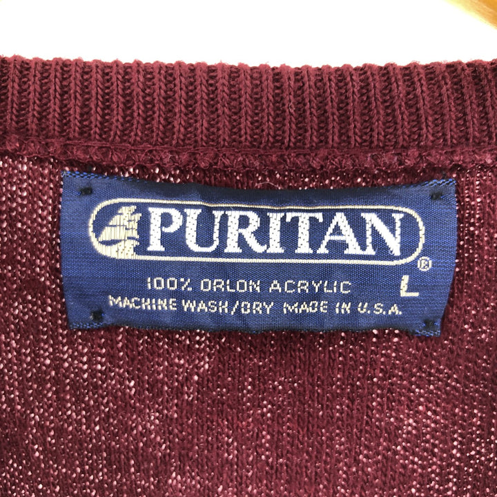 PURITAN all-over print V-neck acrylic knit vest made in USA, men's size L /eaa500643