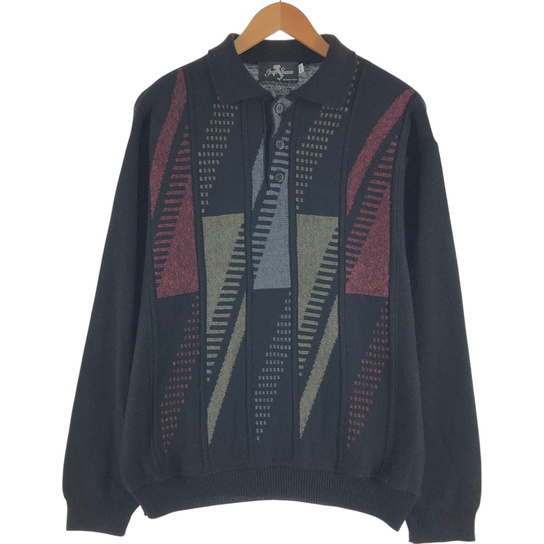 All-over print, collared, 3D knit, half-button sweater, made in Canada, men's size M acrylic black type Vintage Second Hand