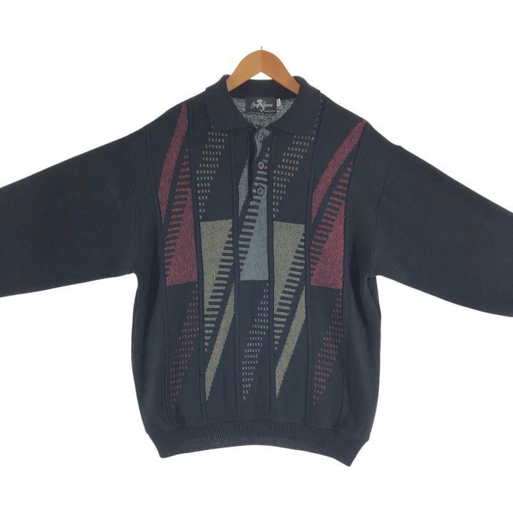 All-over print, collared, 3D knit, half-button sweater, made in Canada, men's size M acrylic black type Vintage Second Hand