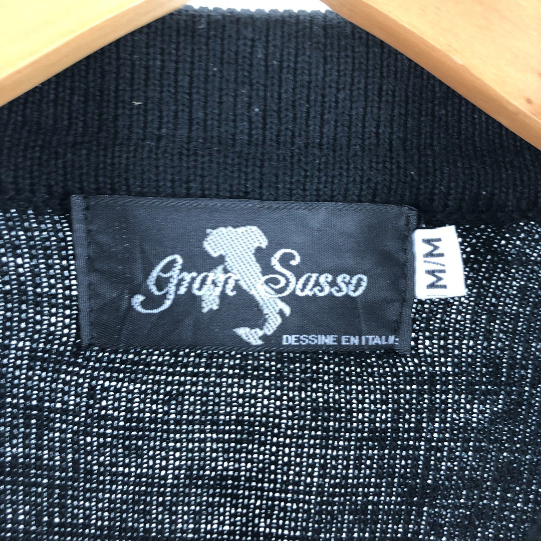 All-over print, collared, 3D knit, half-button sweater, made in Canada, men's size M acrylic black type Vintage Second Hand