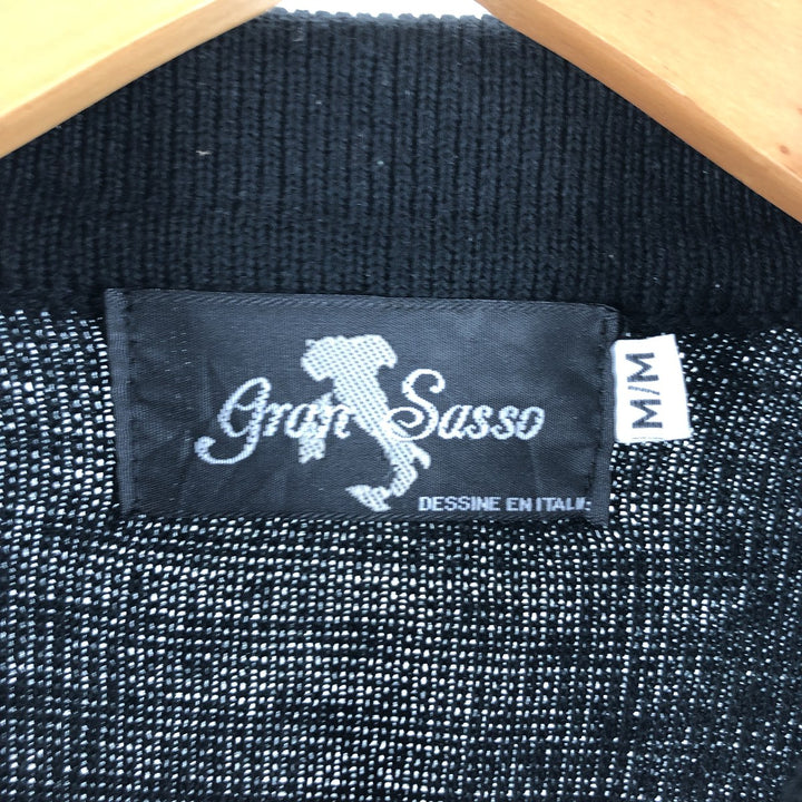 All-over print, collared, 3D knit, half-button sweater, made in Canada, men's size M acrylic black type Vintage Second Hand
