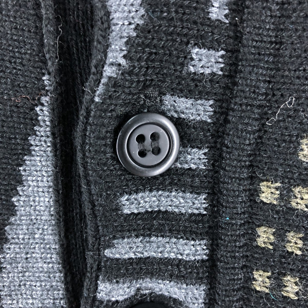 All-over print, collared, 3D knit, half-button sweater, made in Canada, men's size M acrylic black type Vintage Second Hand