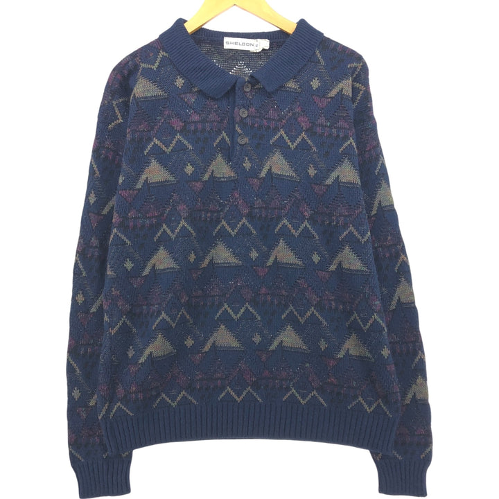SHELDON All-over Print Polo Knit Sweater, Men's XL Size unclear purple type Vintage Second Hand